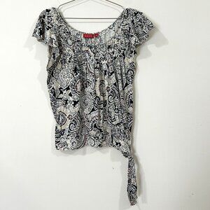 VTG ELLE Women’s Blouse M Paisley Knit Top Side Tie Waist Flutter Cap Sleeve